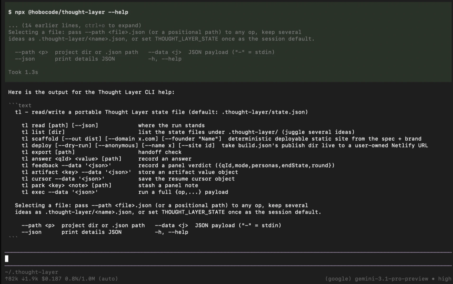 The tl CLI help output listing read, list, scaffold, deploy, answer, feedback, artifact, cursor, park, exec, and export